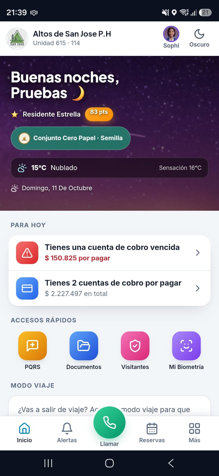 Pantalla real de SmartPH en Android: inicio del residente de Altos de San José, estado de cuenta, accesos rápidos y llamadas a Sophi